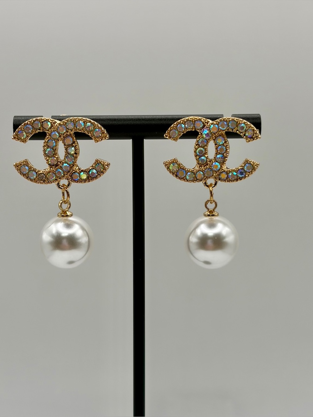 Gold Iridescent Crystal Monogram Drop Pearl Earrings